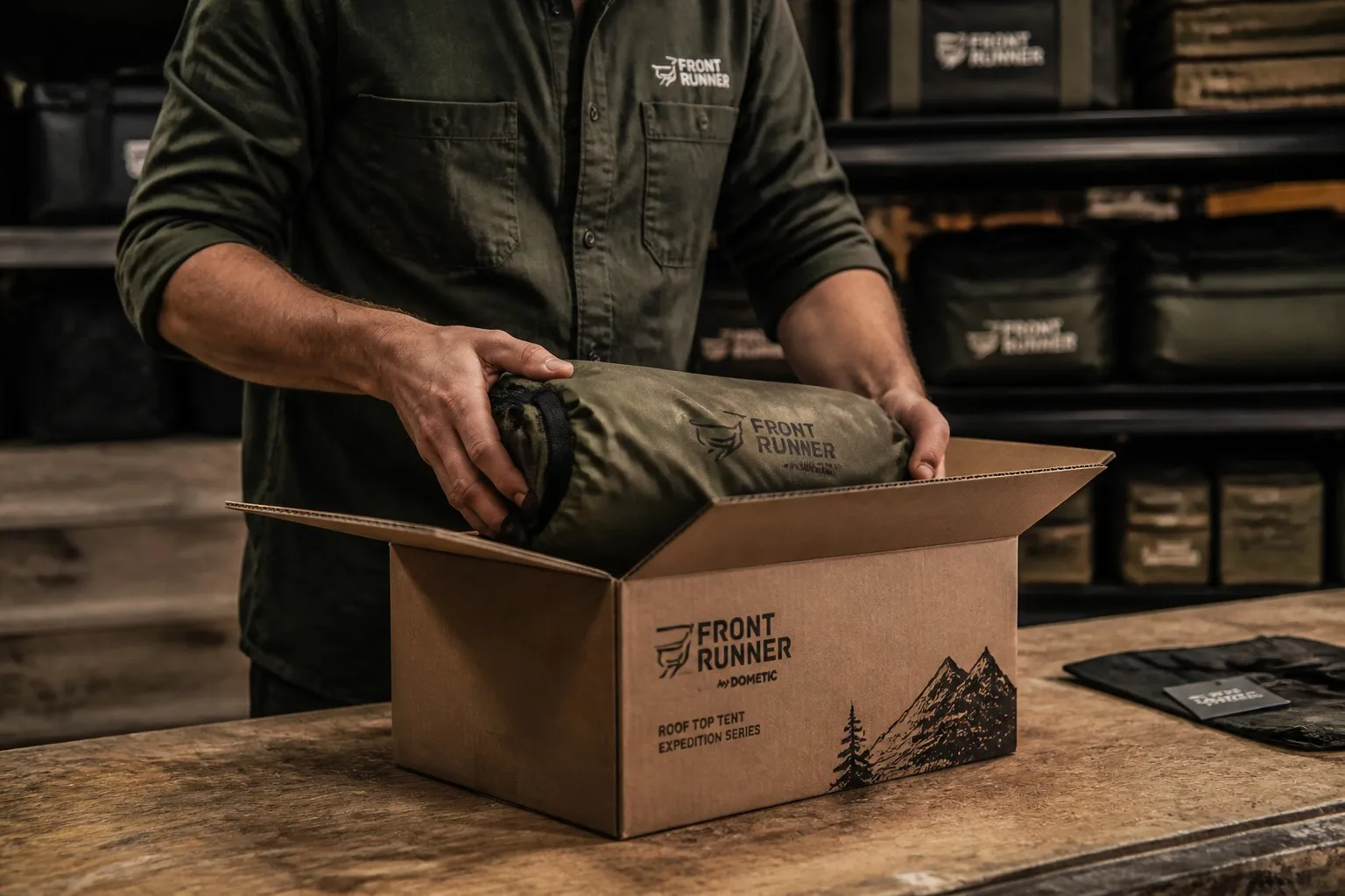 Packing camping gear in the workshop